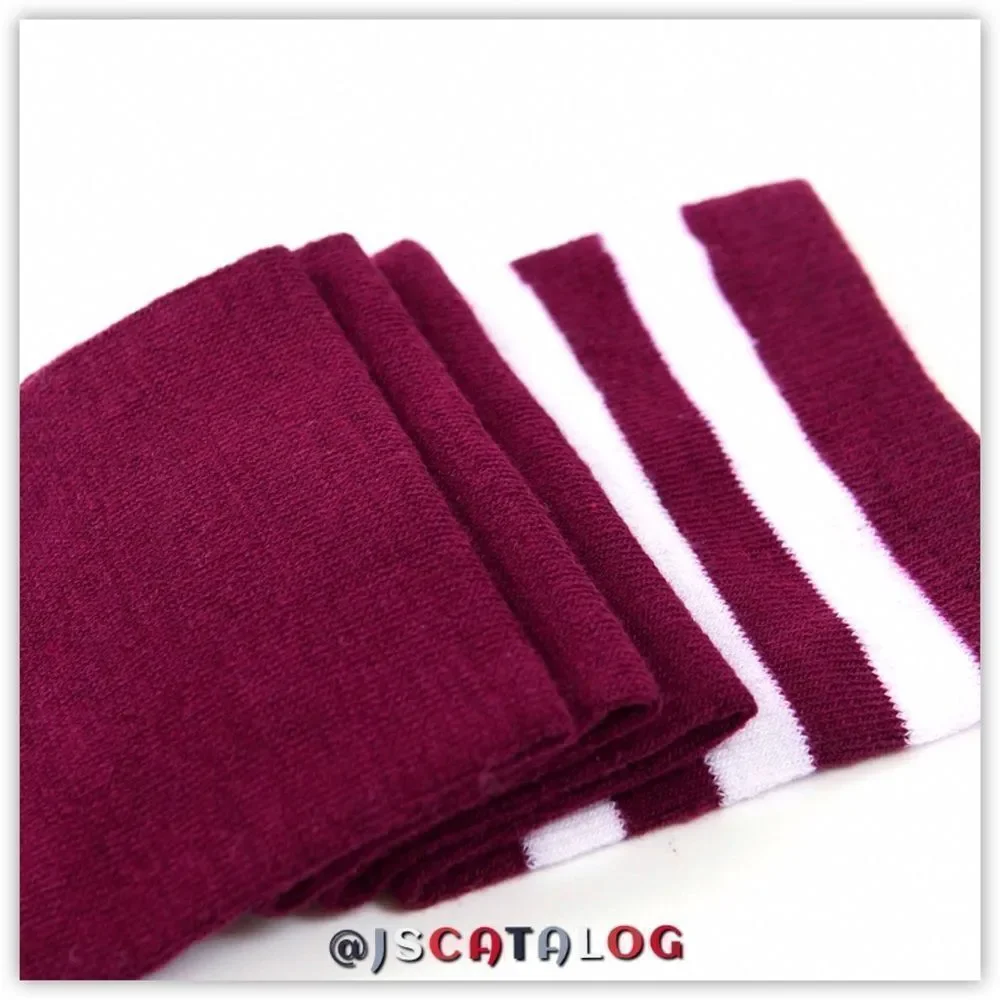 Wine Red w/ White Stripes Cotton Thigh High Socks